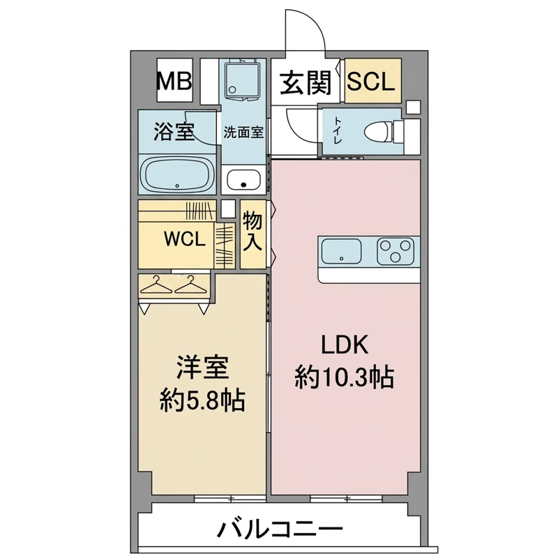 1LDK横並びタイプの間取り図